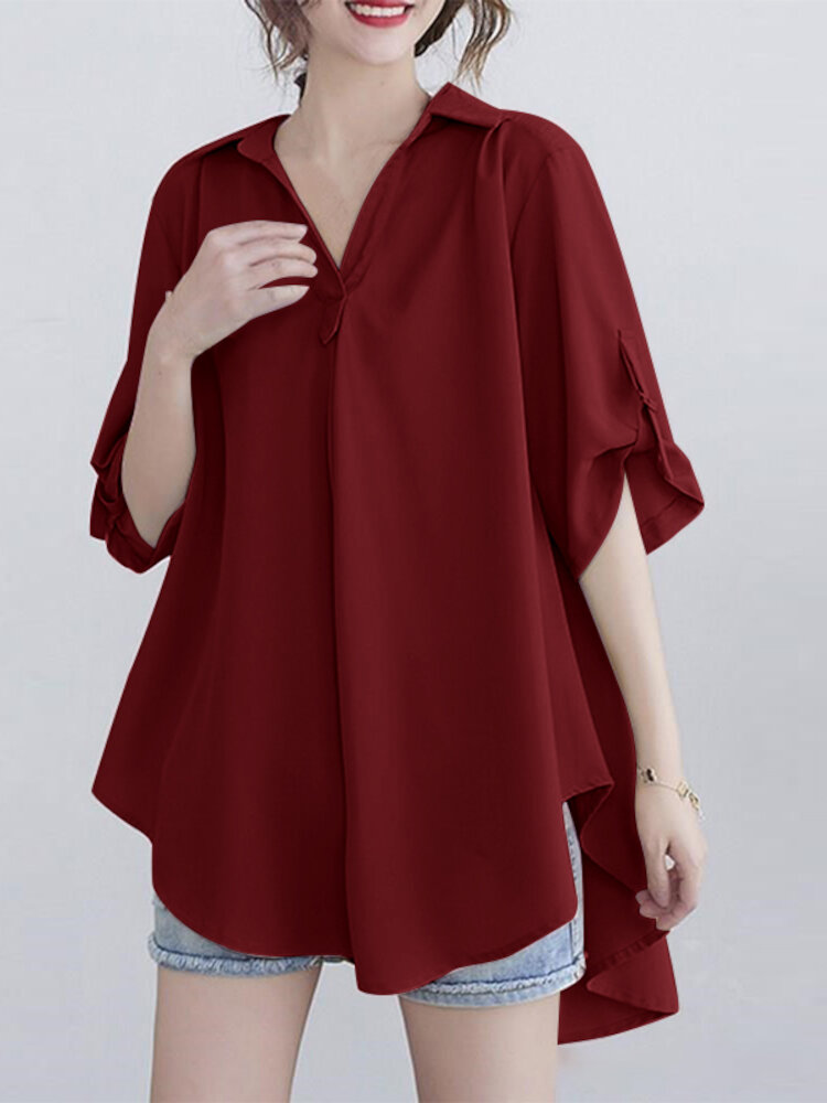 Women Solid Simple Adjustable Sleeve Length High Low V-Neck Lapel Collar Shirt