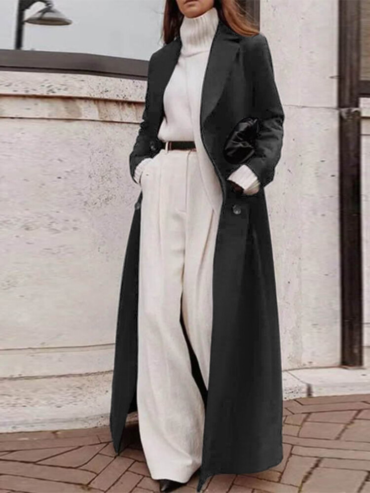 Women Pure Color Lapel Long Sleeve Longline Button Casual Stylish Coat
