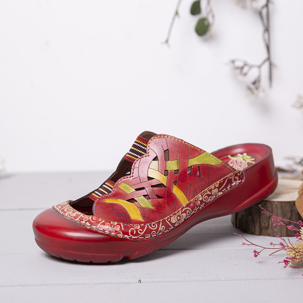 Image of SOCOFY Handmade Leather Floral Elastic Band Ausschnitt Nhen Slip on Slides Flat Mules Sandalen