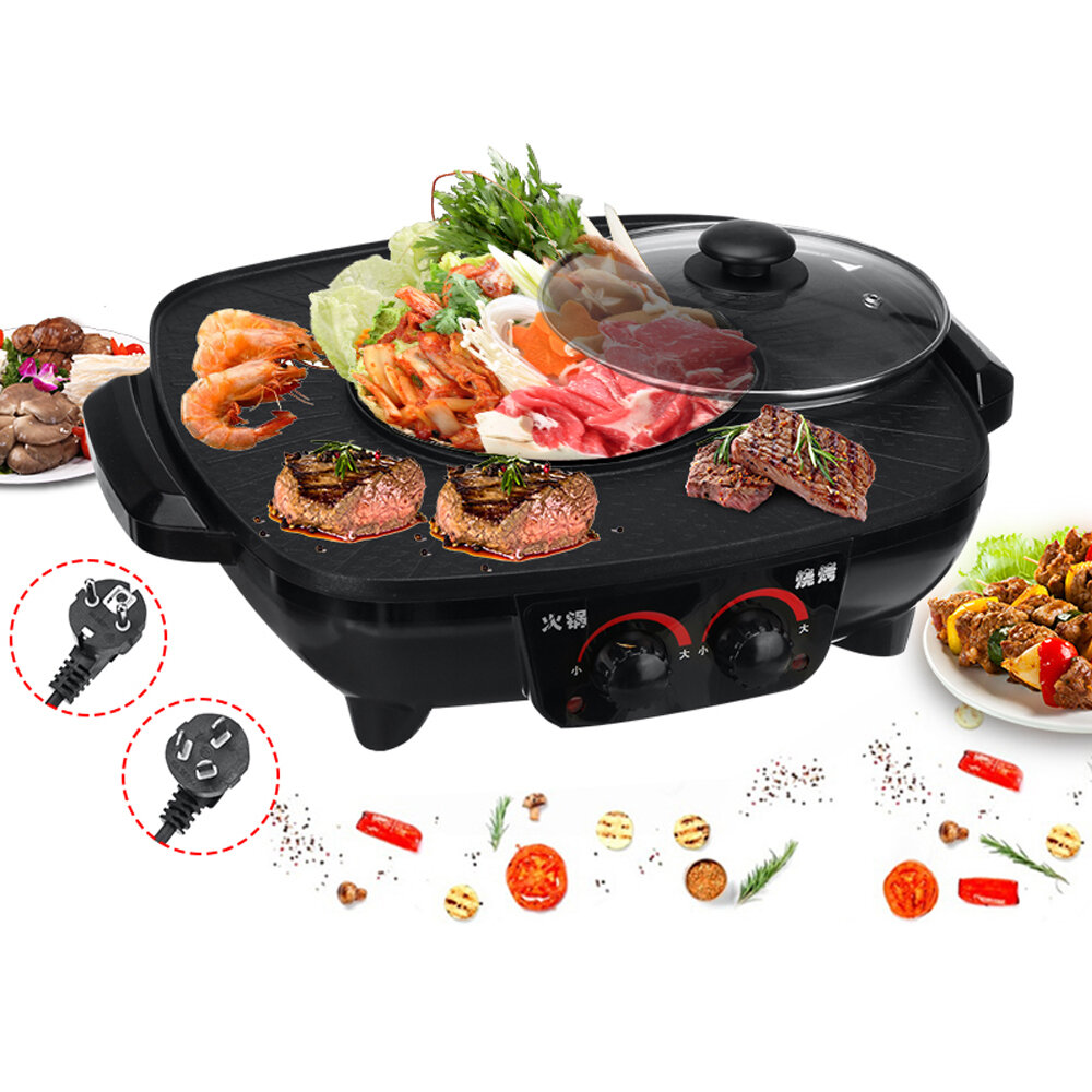 5-6 People Electric BBQ Hotpot Double Control Barbecue Oven Grill Non-stick Smokeless Pot Outdoor Camping Travel