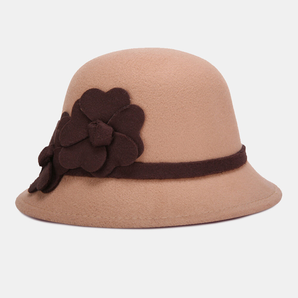 CHIC-CHIC Ladies Vintage Elegant Wool Cloche Bucket Hat Winter Warm Flower Brim Cap