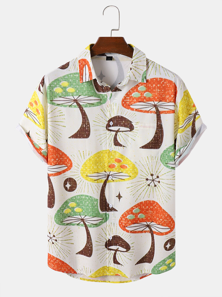 Men Cartoon Mushroom Print Multi Color Lapel Summer Holiday Soft Shirts