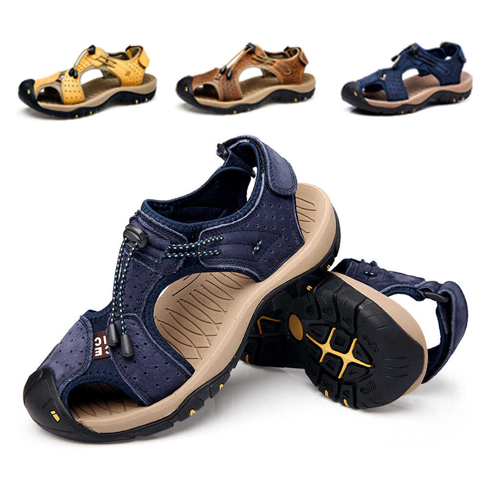 GRACOSY Mens Leather Sandals Hiking Walking Shoes Outdoor Trekking Sandals Breathable Athletic Footwear Hook Loop Shoes