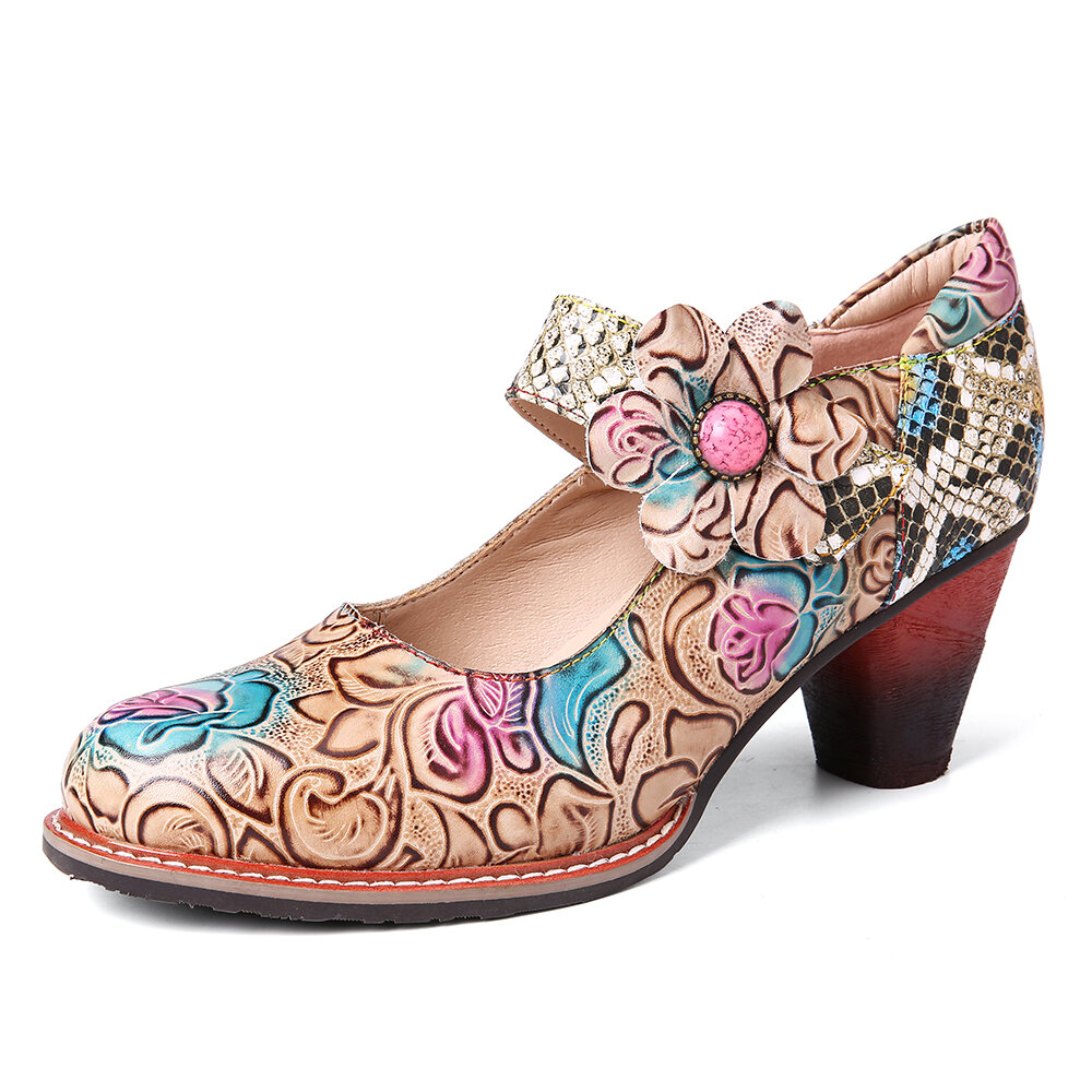 50% OFF on SOCOFY Retro Leather Floral Splicing Snakeskin Round Toe Chunky Heel Pumps
