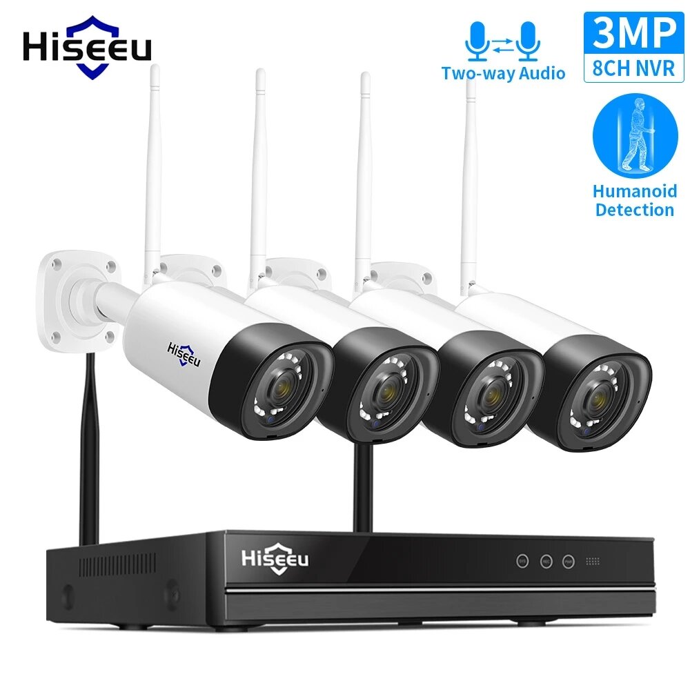 Hiseeu WNKIT-4HB312 8CH 3MP 1536P Wireless CCTV Security System NVR Kit IR Outdoor Audio Recorrd IP Camera Waterproof Wifi NVR Kit Video Surveillance