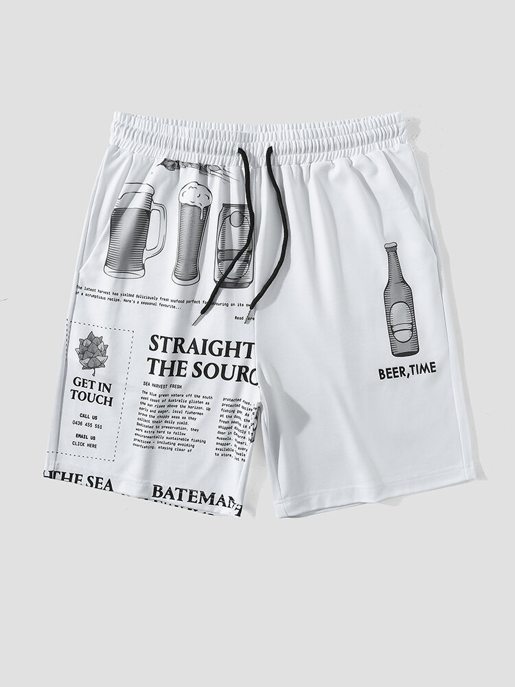 Mens Beers Newspaper Print Loose Drawstring Shorts With Pocket