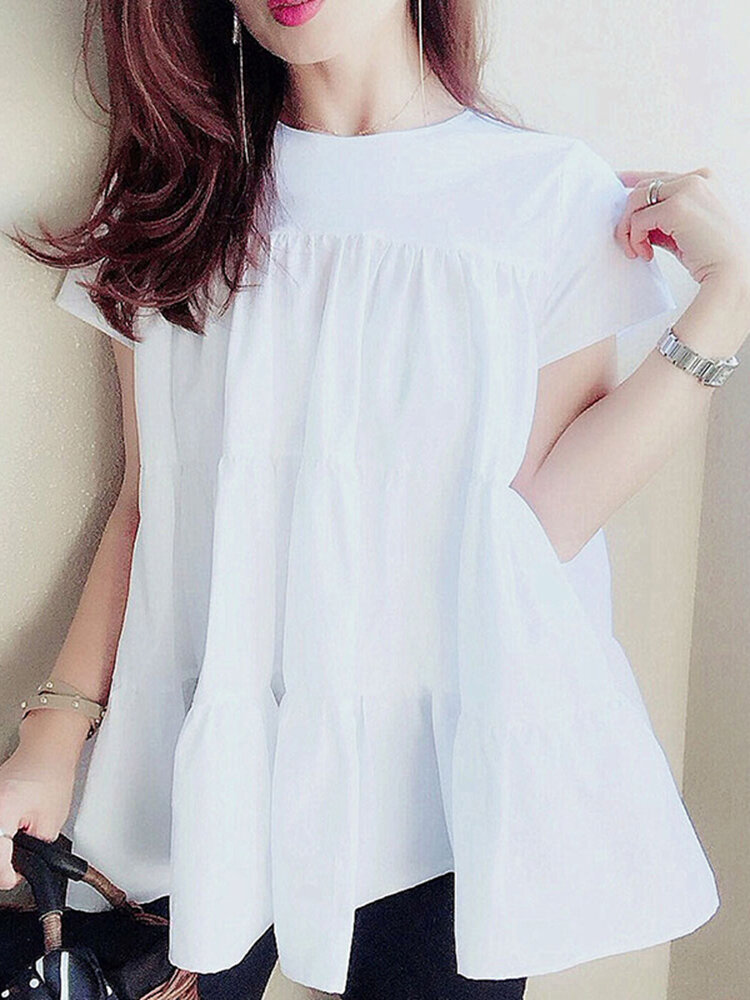 Women Solid Color Short Sleeve Stitching Casual O-Neck Tiered Layered Blouse