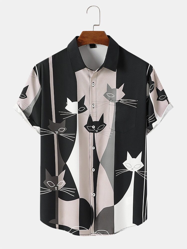 Mens Abstract Cat Print Button Up Short Sleeve Shirts