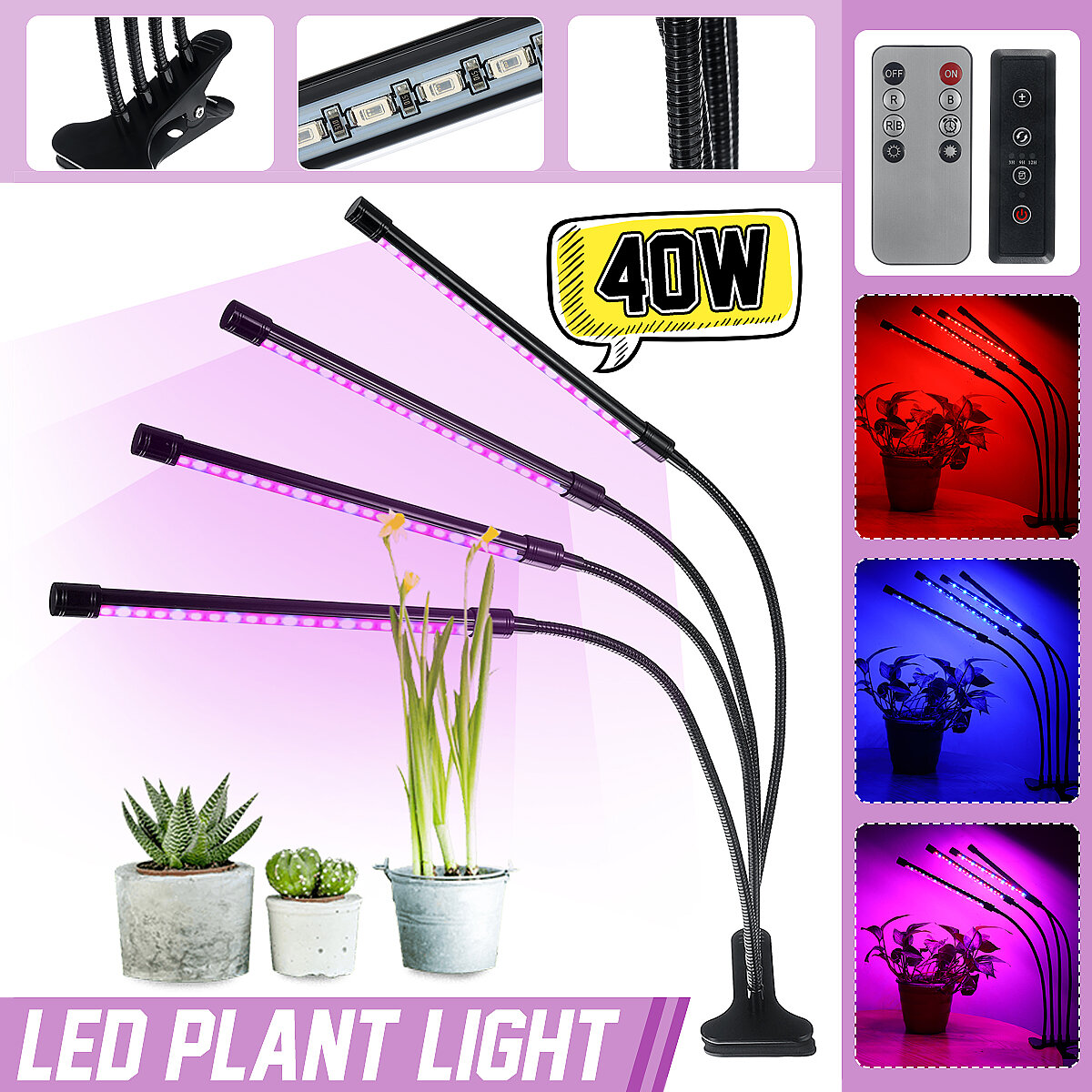 

4 Head 40W Full Spectrum LED Grow Light Flexible Pot Plant Flower Vegetable Growing Lamp with Timer Function
