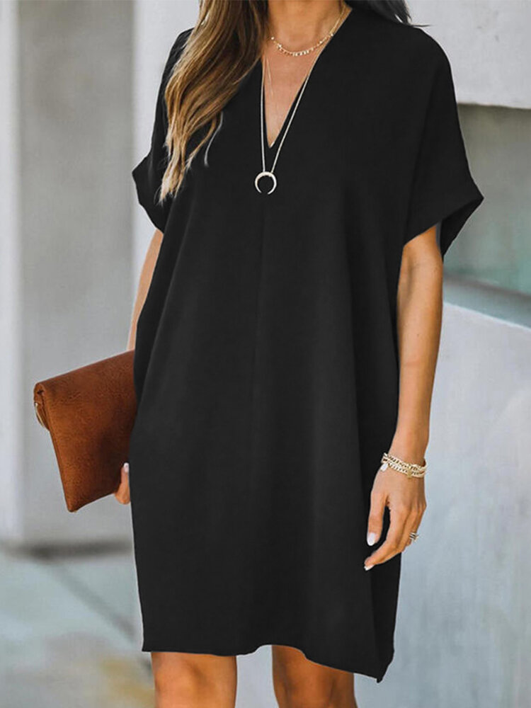 V-Neck Loose Short Sleeve Solid Casual Dress For Women