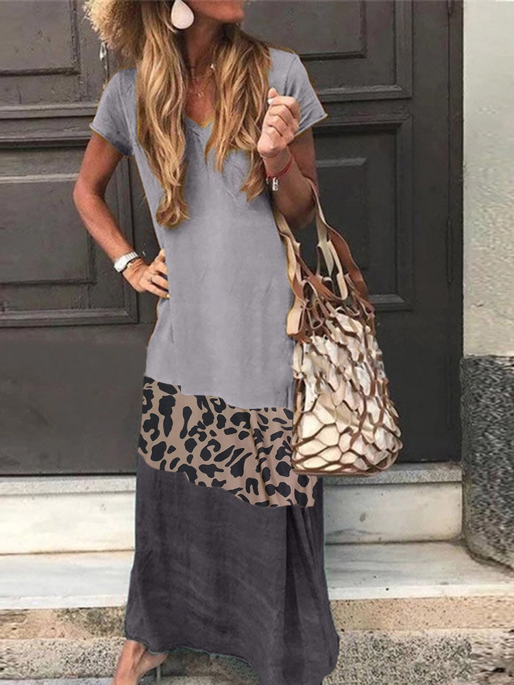 Causale maxi-jurk met korte mouwen en patchwork met luipaardprint
