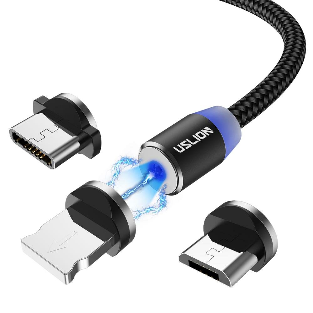 USLION 3-in-1 magnetische LED Micro USB Type-C Gevlochten snellaadgegevenskabel voor Samsung Galaxy 
