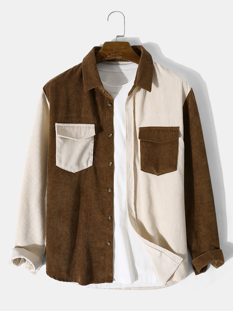 

Mens Corduroy Two Tone Patchwork Long Sleeve Shirts