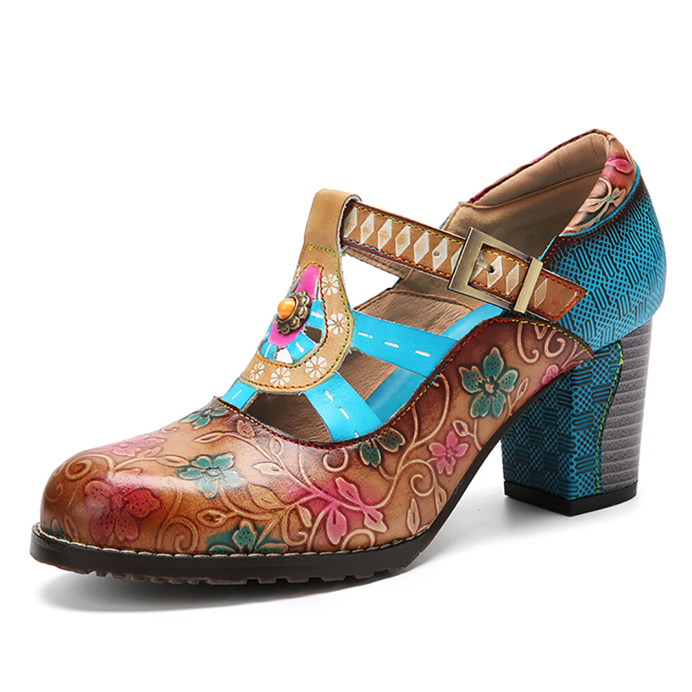 Socofy Genuine Leather Bohemian Ethnic Style Buckle Comfy Floral T-strap Heels