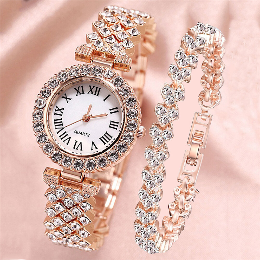 XSVO A07069 Women Gift Set 2pcs Elegant Luxury Style Quartz Watch Diamond-encrusted Bracelet
