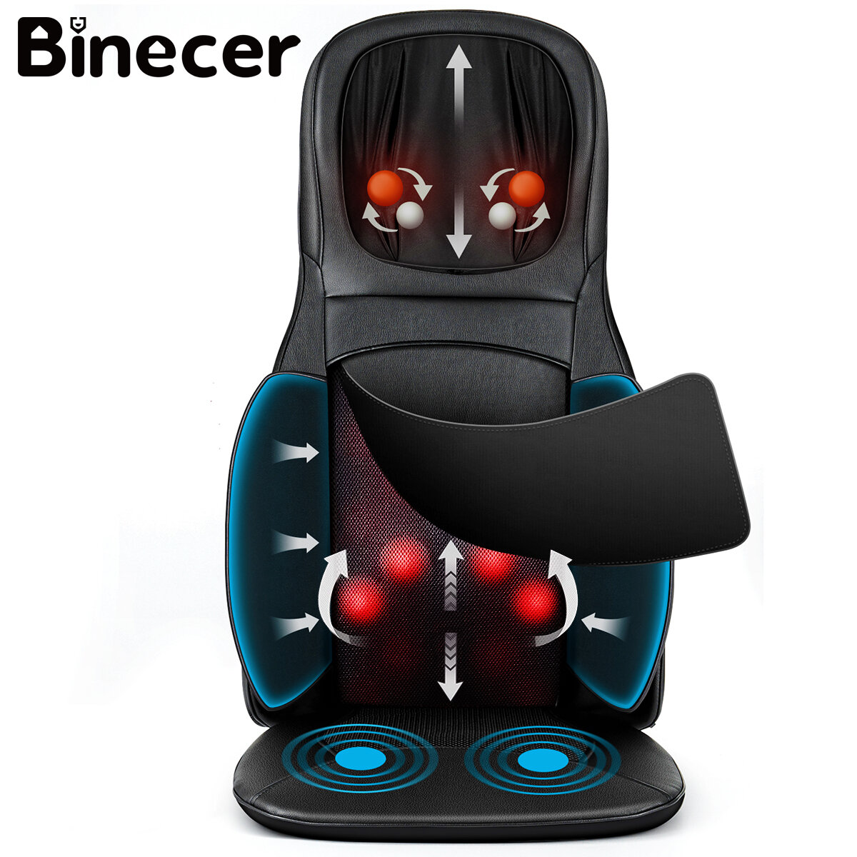 Binecer MP1.2 Neck And Back Massager With Heat Shiatsu Massage Chair Portable With Rolling Kneading Massage Cusion For Full Back Neck Shoulder