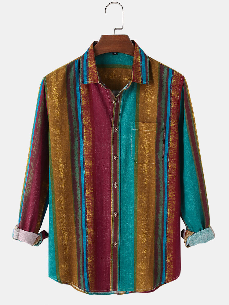 Katoenen herenontwerp Colorful Verticale strepen Vintage casual shirts met lange mouwen en zak