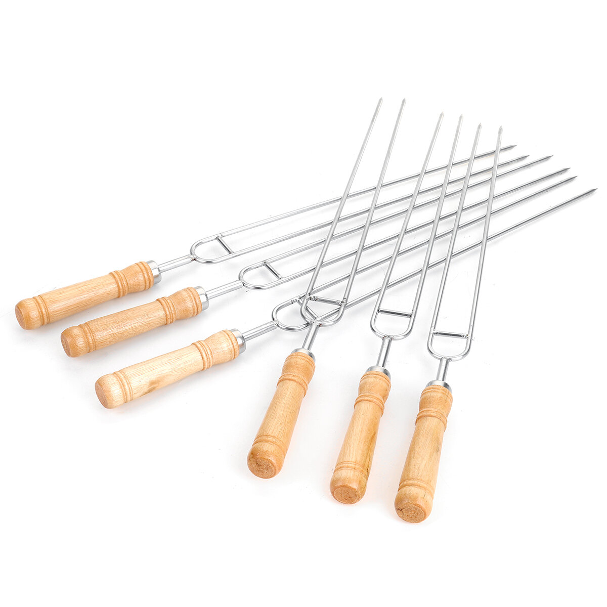 6PCS/Set Stainless Steel Wire BBQ Skewers Wood Handle Grill Roasting Sticks Outdoor Camping BBQ Tool