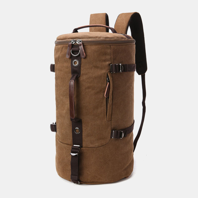 Men Vintage Canvas Large Capacity Multi-Carry Solid Color Cylinder Casual Backpack Crossbody Bag