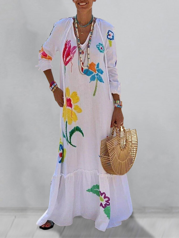 

Flowers Embroidery V-Neck Raglan Sleeve Holiday Casual Maxi Dress For Women