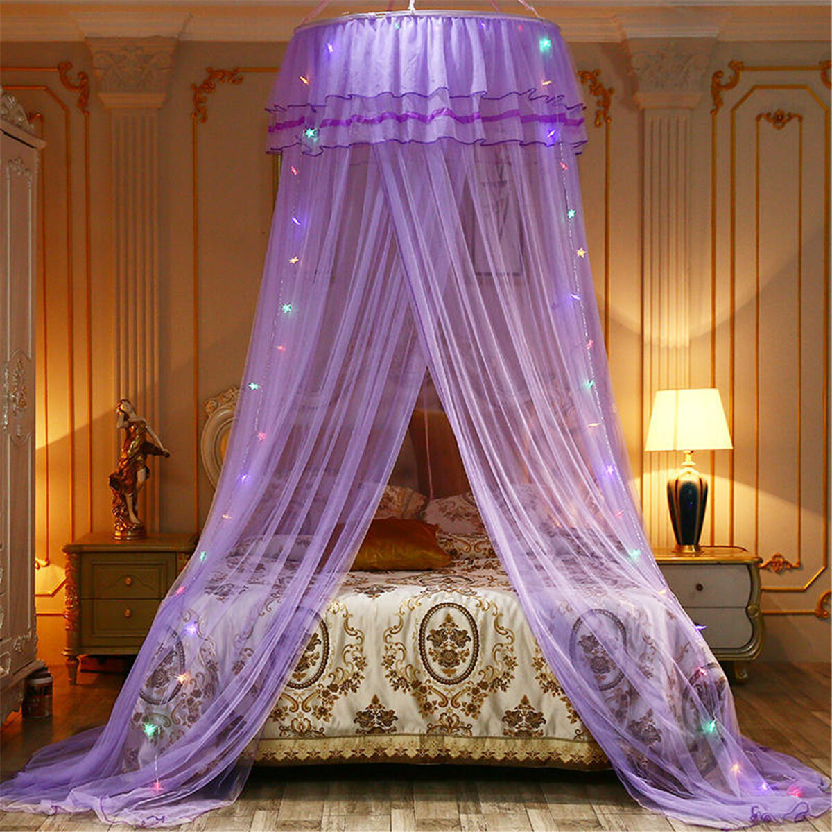 

Ceiling-Mounted Mosquito Net Free Installation Home Dome Foldable Bed Canopy with LED String Light