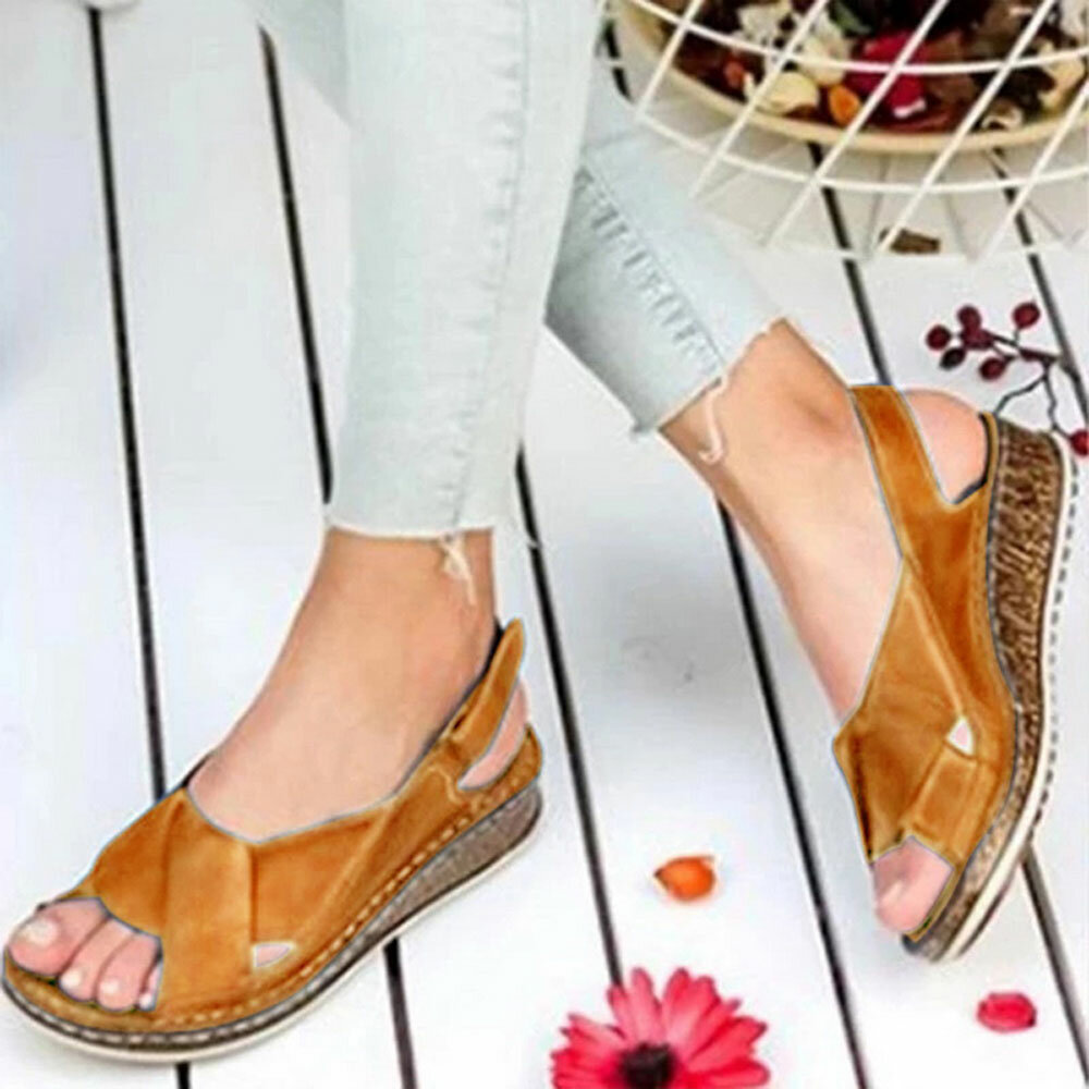 Women Hook Loop Open Toe Slingback Casual Summer Wedge Sandals, Banggood  - buy with discount