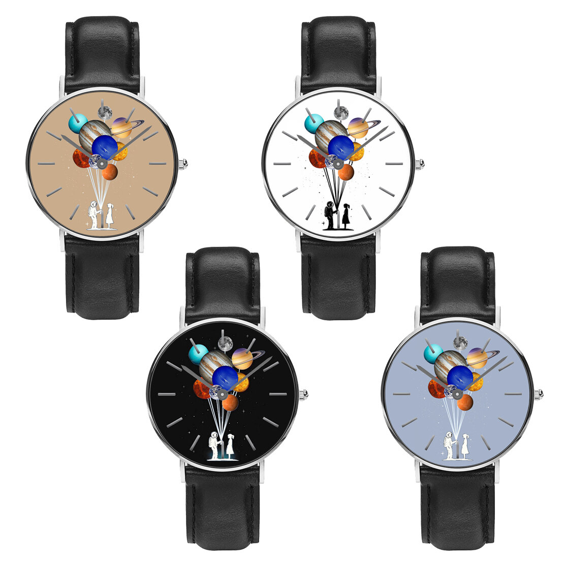 Casual stijl herenhorloge Cartoon Astronaut Colorful Planet print PU lederen band klok quartz horlog