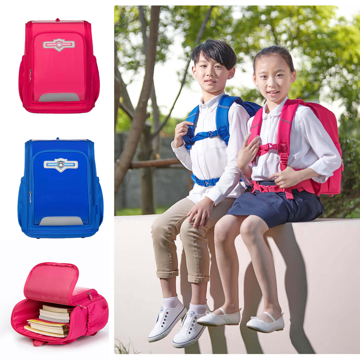 Mochila Xiaoyang para niños y estudiantes, protege la columna vertebral y reduce la carga, de color rojo, para niños y niñas