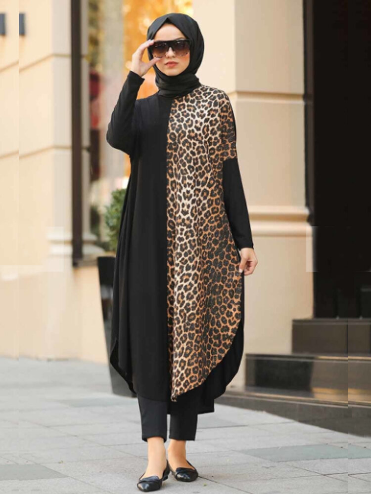 

Women Leopard Patchwork Irregular Split Hem Long Sleeve Kaftan Tunic Dress