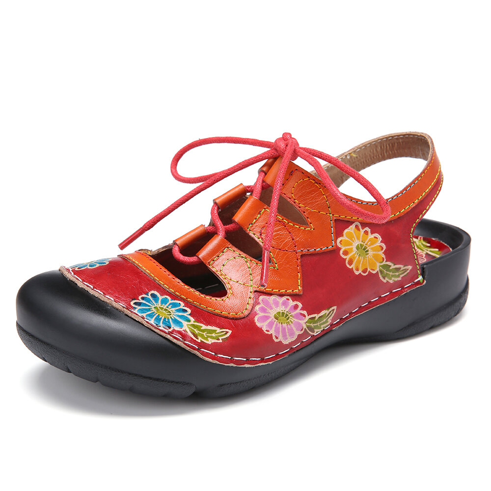 

SOCOFY Leather Floral Splicing Cutout Stitching Lace up Slingback Mules Clogs Flat Sandals
