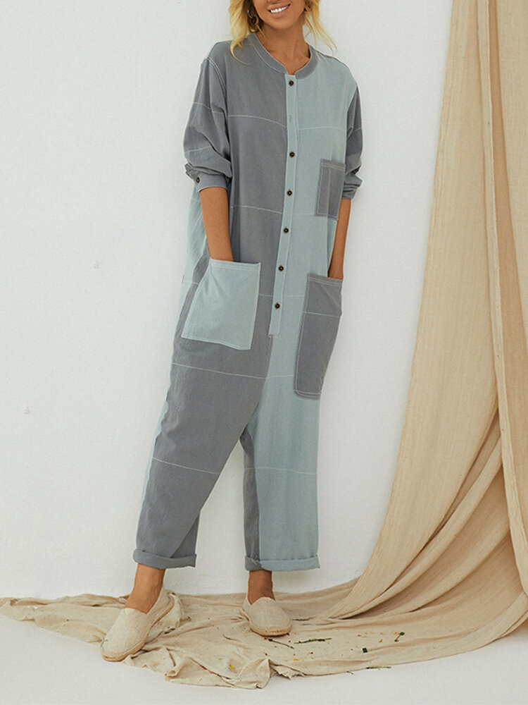 Image of Plus Size Damen Hit Farbe Patchwork Button Casual Jumpsuit mit Taschen