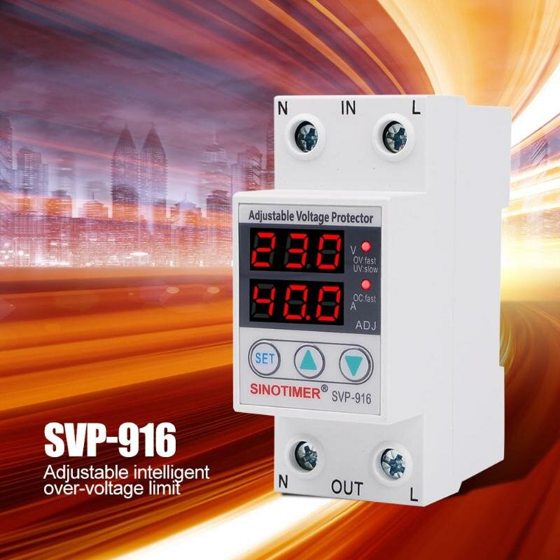 SINOTIMER SVP-916230 فولت 40A / 63A قابل للتعديل تلقائيًا تحت / على الجهد الزائد حامي التتابع الكسارة جهاز حماية مع LED