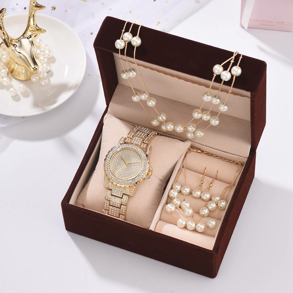 Deffrun 4 Pcs Women Watch Set Full Diamond Round Watch Pearl Bracelet Earrings Necklace Gift Kit