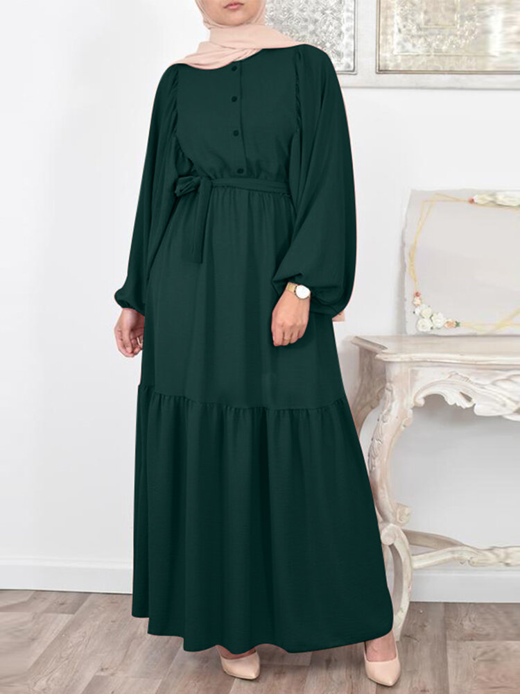 Solid Color Puff Sleeve O-neck Maxi Dress With Belt