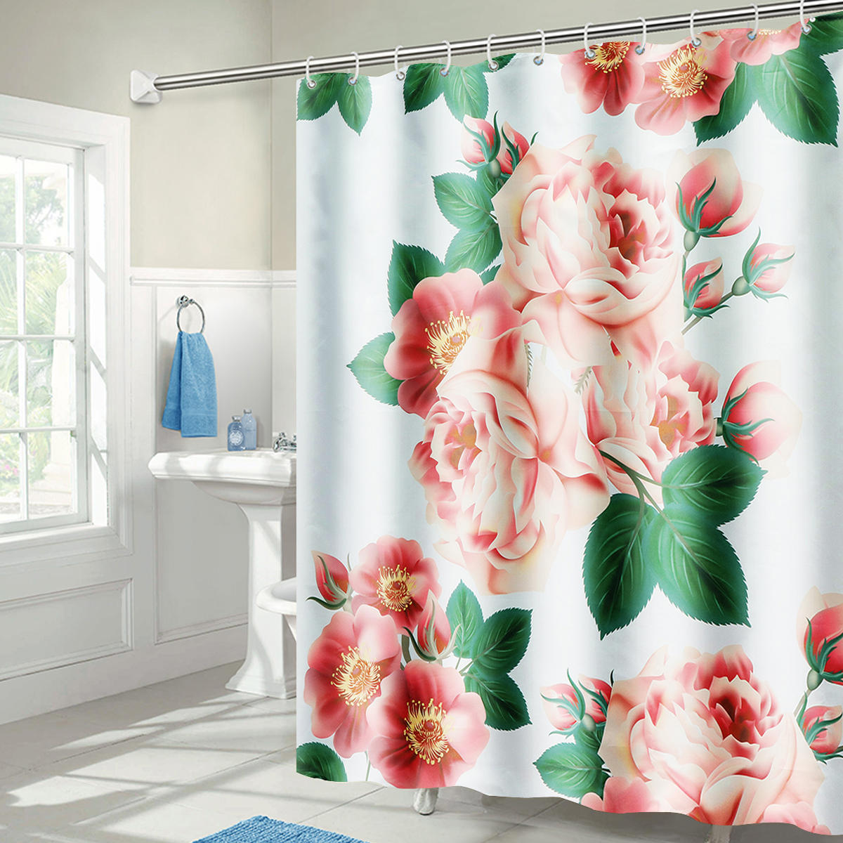71''x71'' Long Peach Blossom Pattern Waterproof Polyester Shower Curtain with Hooks