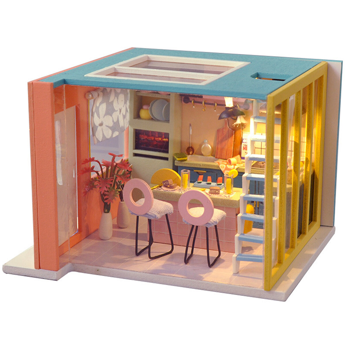 

Wooden Kitchen DIY Handmade Assemble Doll House Miniature Furniture Kit Education Toy with LED Light for Kids Gift Colle