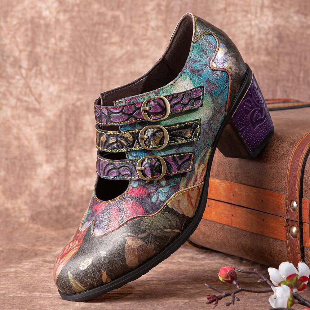 

Socofy Women Retro Floral Printing Leather Comfy Hook Loop Round Toe Soft Chunky Heels