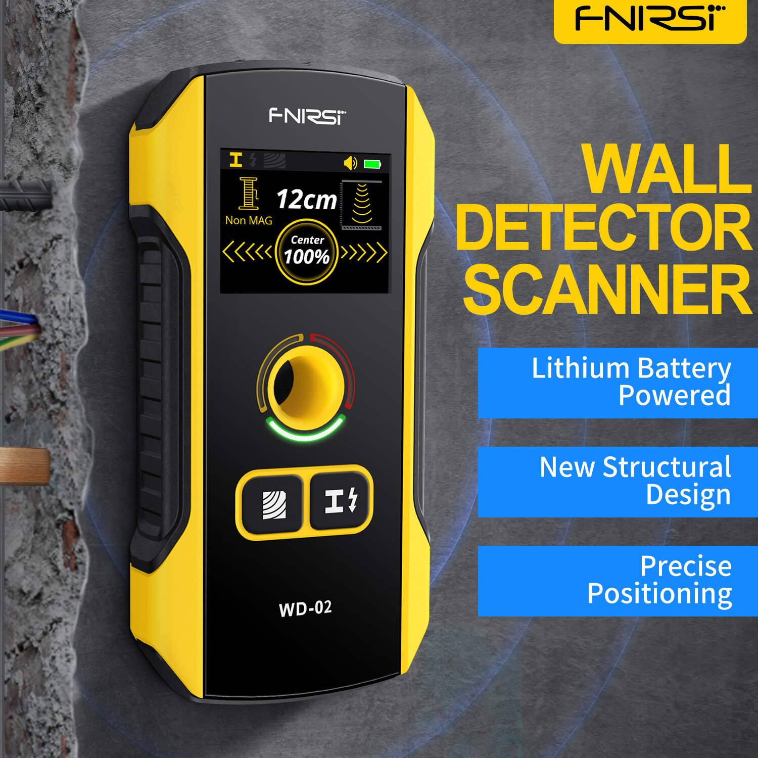 FNIRSI WD-02 Metaaldetector Wanddetector Scanner Houten AC-draden Metalen Buizen Wapening Detectie Gereedschap Indicatorlicht Positionering