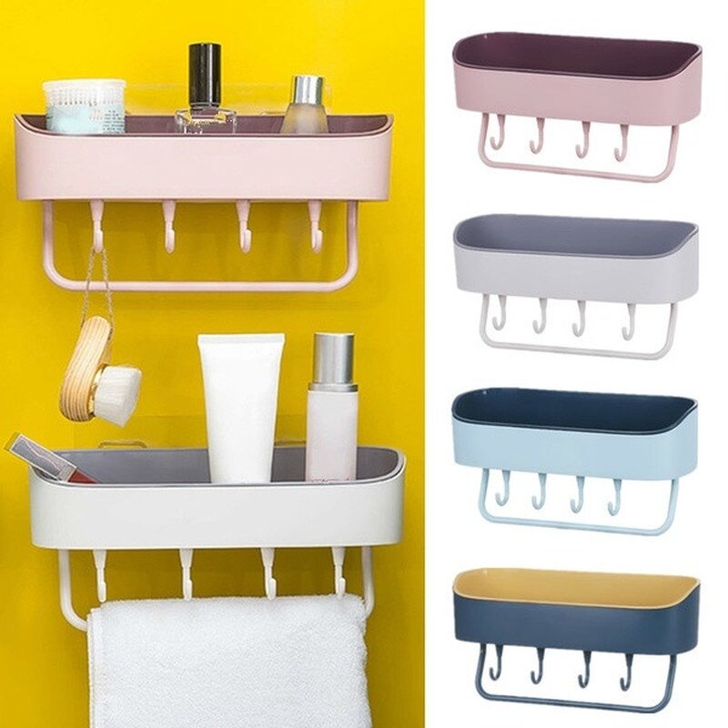 No Drilling Shower Caddy with Self-adhesive Glue & Hooks Storage Basket Bathroom Shelf Rack Wall Mounted Rack for Kitche