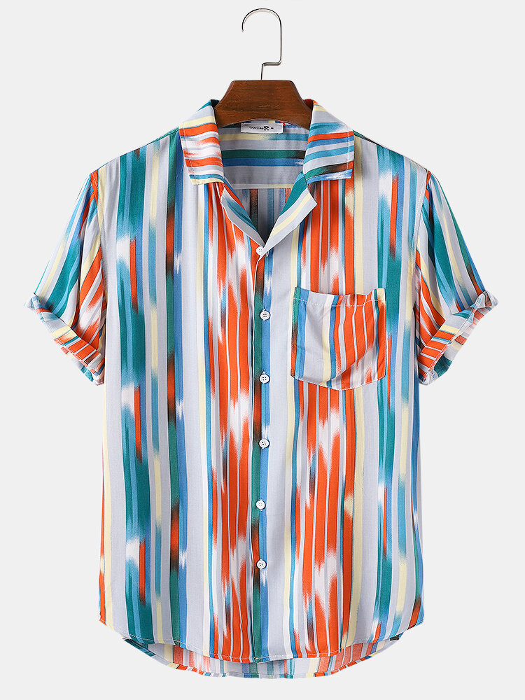 

Mens Vertical Stripes Chest Pocket Casual Short Sleeve Shirts