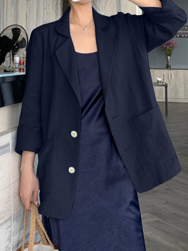 100 Cotton Solid Full Sleeve Lapel Loose Coat With Side Pockets For Women