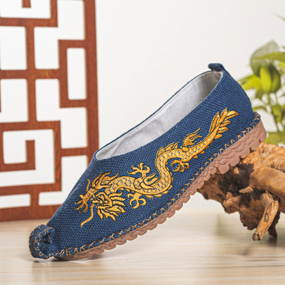 Men Breathable Non Slip Old Peking Dragon Embroidery Comfy Casual Linen Shoes