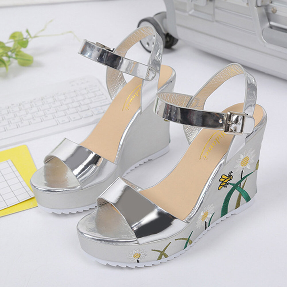 Women Flower Printing Wedges Buckle Ankle Strap Sandals