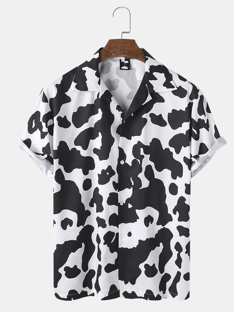 Mens Cow Pattern Print Revere Collar Short Sleeve Casual Shirts