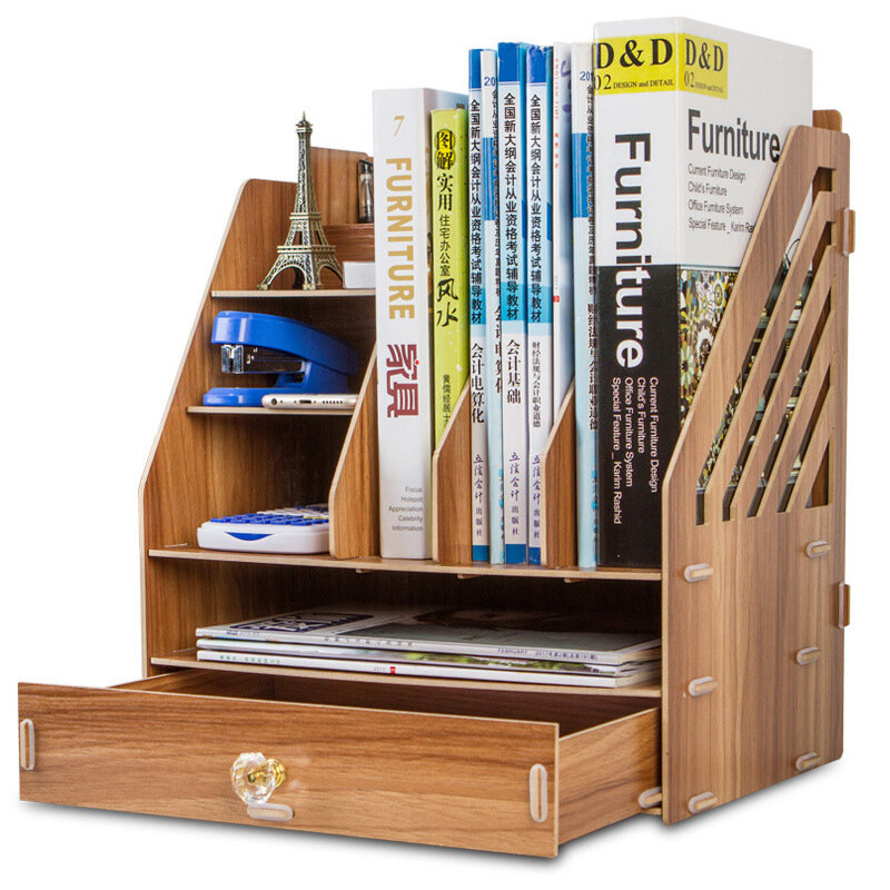 

B04 Desktop Wooden Storage Box Multi-layer Storage Racks with 2 Drawers File Books Shelf Bookshelf Pens Pencils Holder O