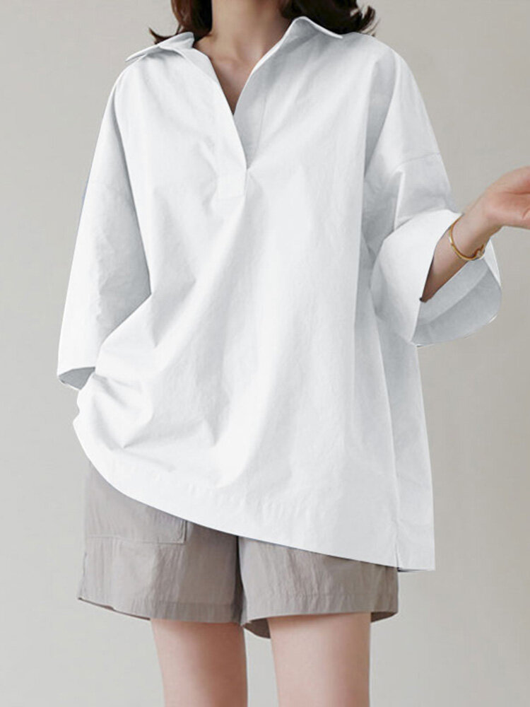 Solid Loose Lapel Casual 3/4 Sleeve Blouse For Women