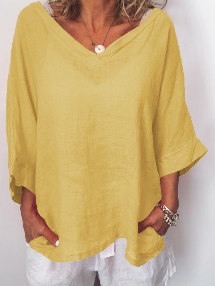 women casual v-neck solid color 3/4 sleeves blouse at Banggood