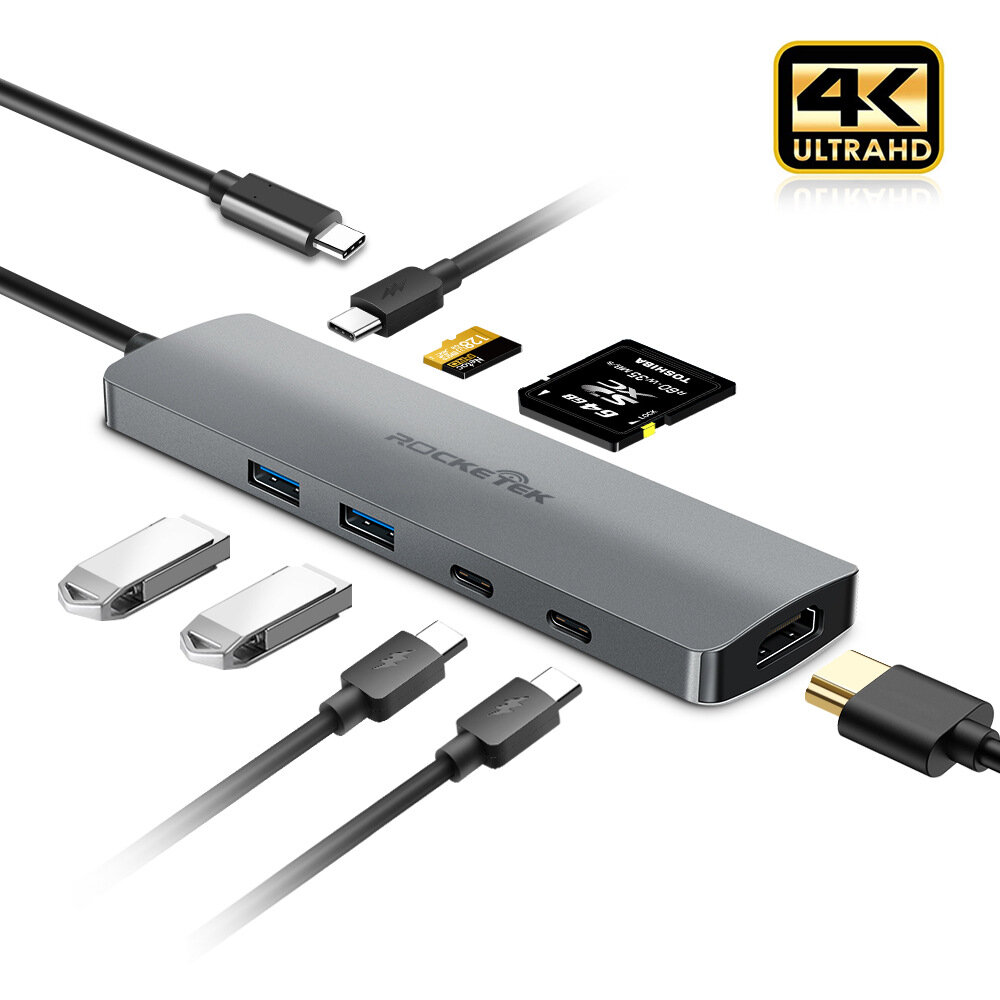 

Rocketek 8 In 1 USB-C Hub Docking Station Adapter With 4K HDMI HD Display / 60W USB-C PD / Dual USB-C Data Transfer Port