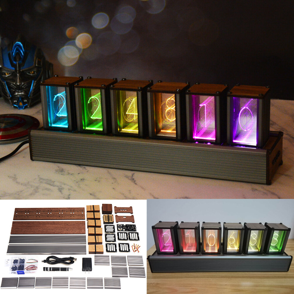 RGB Pseudo-gloed Buis Klok DIY Kit LED Desktop Creatieve Decoratie Vriend Gift Walnoot Vintage Digit