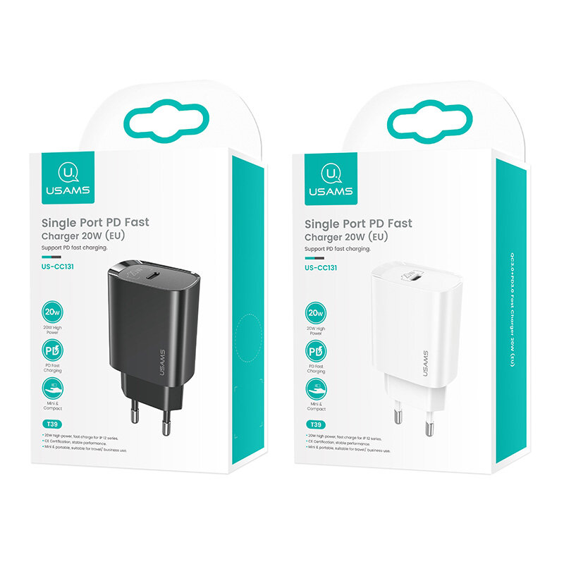 USAMS US-CC131 T39 20W USB-C PD Charger Fast Charging for iPhone 12 Pro Max for Samsung Galaxy Note S20 Ultra Huawei Mate 40 OnePlus 8 Pro